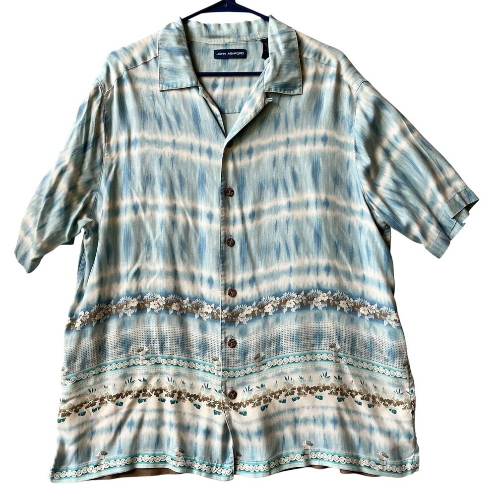 John Ashford Mens Hawaiian Shirt 100% Silk Size L Aqua Blue Brown Floral Tiki